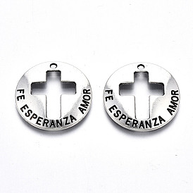 Tibetan Style Alloy Pendants, Lead Free & Cadmium Free, Flat Round with Cross & Word
