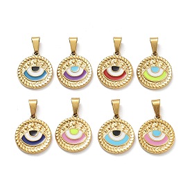 Ion Plating(IP) 304 Stainless Steel Pendants, with Enamel, Golden, Flat Round with Evil Eye Charm