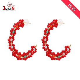 Handmade Ethnic Style C-Shaped Earrings with Rice Bead Strand for Women's Fashion Accessories
