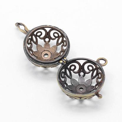 Brass Rack Plating Cage Pendants, For Chime Ball Pendant Necklaces Making, Lead Free & Cadmium Free, Round with Flower
