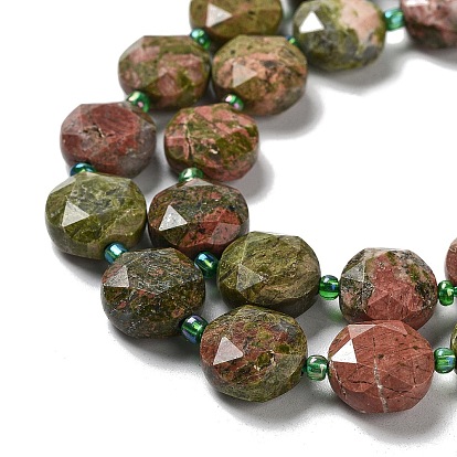 Natural Unakite Beads Strands, with Seed Beads, Faceted Hexagonal Cut, Flat Round