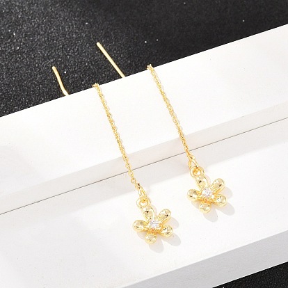 Цветочная латунная микропаве, прозрачные кубические цирконии, серьга-нить, стойки покрытие, долговечный, без свинца и без кадмия