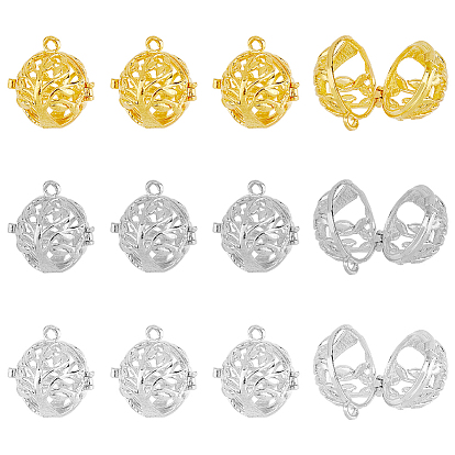 12pcs 3 pendentifs cage en laiton de couleurs, pour faire des colliers à pendentif carillon, breloque ronde creuse avec arbre de vie