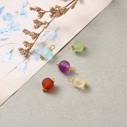 Transparent Frosted Glass Pendants, with Alloy Flower Daisy Spacer Beads and Brass Pin, Round