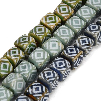 Vintage Handmade Porcelain Beads, Cube with Geometry, Fancy Antique Glazed Porcelain
