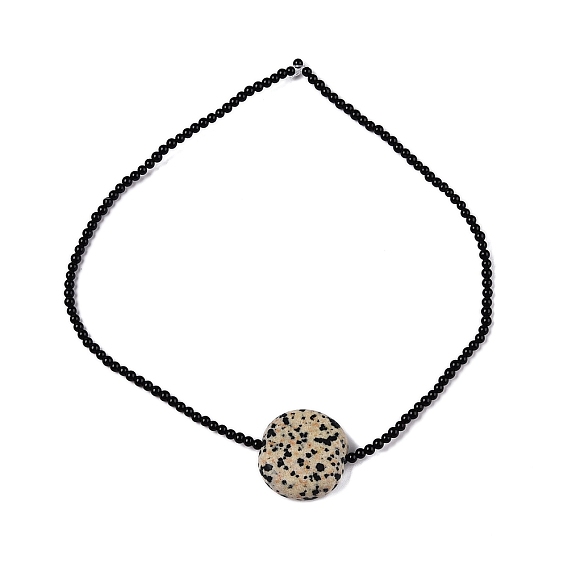 Изготовление круглых бусин из натурального черного оникса (окрашенного и нагретого), с подвеской из натуральной далматинской яшмы