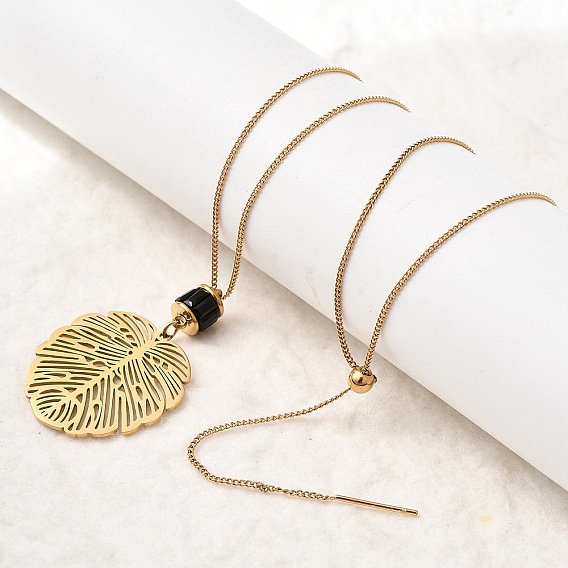 304 ожерелья с подвеской из нержавеющей стали и стеклянными дисками в форме листа, ионное покрытие (ip)