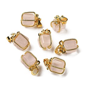 Natural Rose Quartz Charms, Brass Gift Box Charms with Snap on Bails