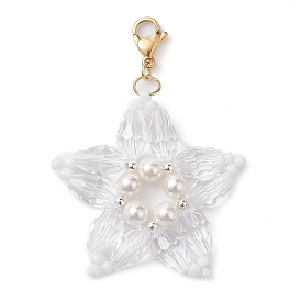 Christmas Snowflake Shell Pearl & Glass Pendant Decorations, Lobster Claw Clasps Charm for Bag Key Chain Ornaments