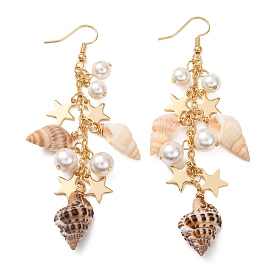 Серьги с подвесками из натуральной спиральной ракушки, с латунными крючками для сережек, подвесками из ракушек, латунными штифтами с шарообразными головками, латунными цепочками из тросов и 304 подвесками из нержавеющей стали, золотые