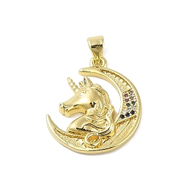 Brass Micro Pave Cubic Zirconia Pendants, Real 18K Gold Plated, Moon with Unicorn