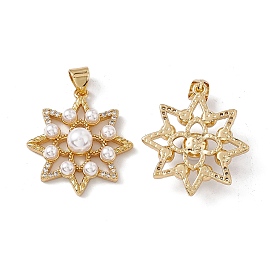 Brass Micro Pave Cubic Zirconia Pendants, with ABS Imitation Pearl, Flower Charm