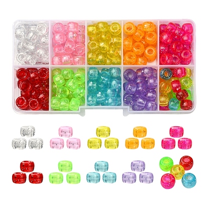 230Pcs 10 Style Transparent Acrylic European Beads, Large Hole Beads, with Glitter Powder, AB Colour Plated, Column