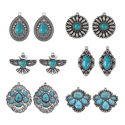 12 шт 6 подвески из сплава в тибетском стиле, с синтетическими бирюзовый, без кадмия и без свинца, разнообразные