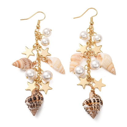 Серьги с подвесками из натуральной спиральной ракушки, с латунными крючками для сережек, подвесками из ракушек, латунными штифтами с шарообразными головками, латунными цепочками из тросов и 304 подвесками из нержавеющей стали, золотые