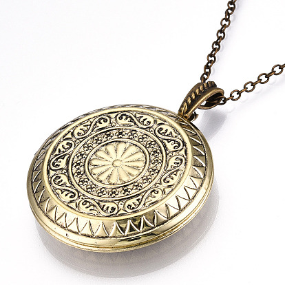 Brass Locket Pendant Necklaces, with Iron Cable Chains, Flat Round with Flower