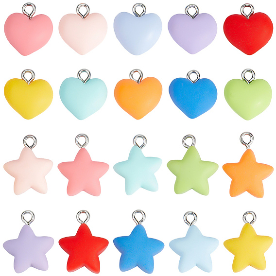 80шт. 2 стили непрозрачных смоляных подвесок, звезда и сердца, с платиновыми тоновыми железными петлями