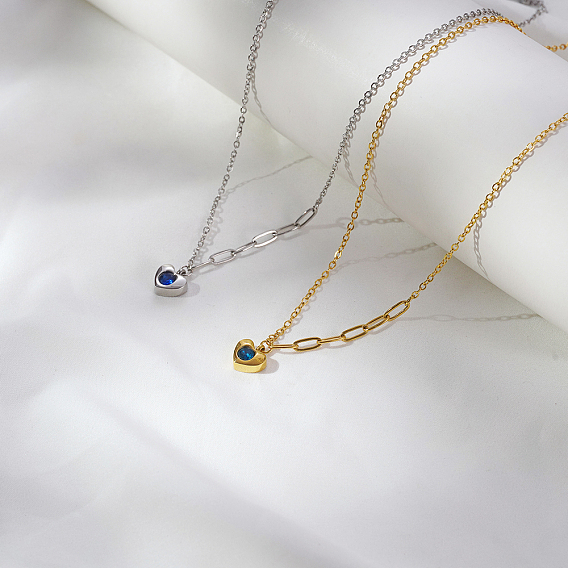 304 Женские ожерелья с подвеской в виде сердца из нержавеющей стали с синими кубическими цирконами и паве