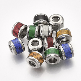 304 Stainless Steel European Beads, with Fiber, Large Hole Beads, Column with Basket Weave Pattern