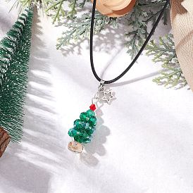 Гальванизированный стеклянный бисер темно-голубого цвета с подвеской в виде рождественской елки и звезды из сплава, ожерелья из черного вощеного хлопкового шнура, античное серебро