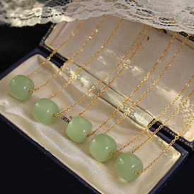French Style Jade Pendant Necklace and Titanium Steel 18k Gold Bracelet Set for Women