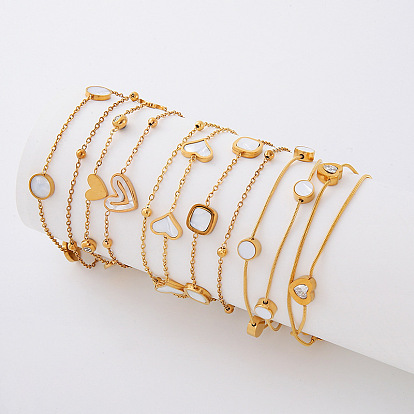 304 Stainless Steel Natural White Shell Link 2-Strand Bracelets for Women, Golden