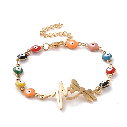 Вакуумное покрытие pvd 304 браслет из нержавеющей стали с сердцебиением и стрекозой, красочный эмалевый браслет с цепями от сглаза для женщин