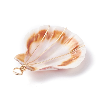 Natural Scallop Shell Pendants, with Real 18K Gold Plated Eco-Friendly Copper Wire
