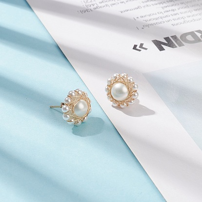 Shell Pearl Beaded Flower Stud Earrings, 304 Stainless Steel Wire Wrap Jewelry for Women
