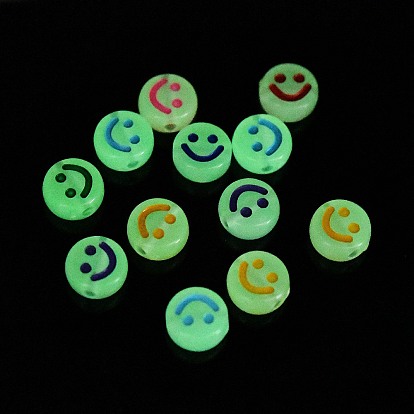Luminous Acrylic Beads, Glow in the Dark, Flat Round with Smiling Face Pattern
