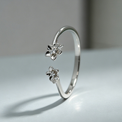 Brass Micro Pave Clear Cubic Zirconia Cuff Open Rings, Flower