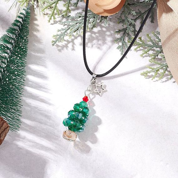 Гальванизированный стеклянный бисер темно-голубого цвета с подвеской в виде рождественской елки и звезды из сплава, ожерелья из черного вощеного хлопкового шнура, античное серебро