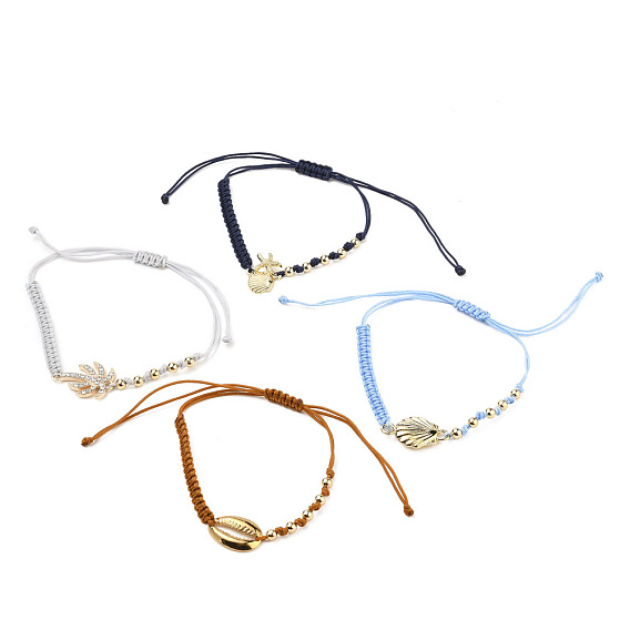 Adjustable Nylon Thread Braided Bead Bracelets Sets, with Alloy Links and Round Brass Beads, Shell Shape & Starfish & Coconut Tree, Golden