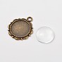 Flower Alloy Pendant Cabochon Settings and Half Round/Dome Clear Glass Cabochons, Lead Free & Nickel Free, Settings: Tray: 14mm, 23x18mm, Hole: 3mm, Glass Cabochons: 14x4.2mm