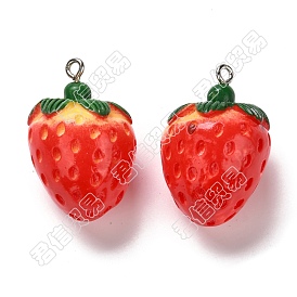 Resin Pendants, with Iron Findings, Imitation Fruit, Platinum, 3D Strawberry