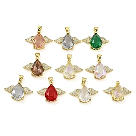 Rack Plating Brass Micro Pave Clear Cubic Zirconia Pendants, with Glass, Long-Lasting Plated, Cadmium Free & Lead Free, Teardrop with Wing Charms