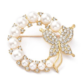 Plastic Imitation Pearl Beads Brooch, with Rhinestone and Alloy Findings, Ring with Butterfly