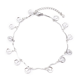 304 Stainless Steel Peace Sign Charm Anklets, with Bar Link Chains