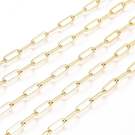 Brass Paperclip Chains, Flat Oval, Drawn Elongated Cable Chains, Soldered, Long-Lasting Plated, with Spool
