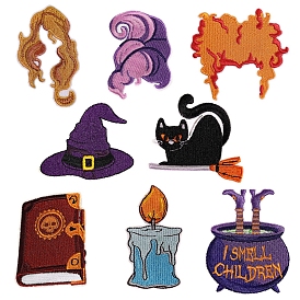 Halloween Witch Theme Hat Book Candle Computerized Embroidery Cloth Iron on Patches, Stick On Patch, Costume Accessories, Appliques