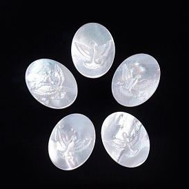 Natural White Shell Cabochons, Oval with Bird