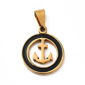 Vacuum Plating 201 Stainless Steel Enamel Pendants, Ring with Anchor
