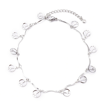 304 Stainless Steel Peace Sign Charm Anklets, with Bar Link Chains