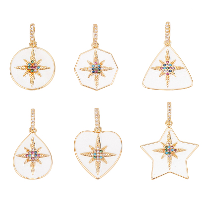 6Pcs 6 Style Brass Micro Pave Colorful Cubic Zirconia Pendants, with Enamel, Nickel Free, Mixed Shapes