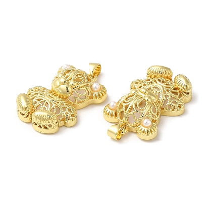 Rack Plating Brass Pendants, with Plastic Imitation Pearl, Long-Lasting Plated, Bear Charm