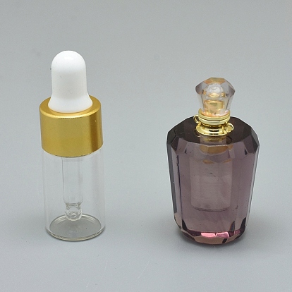 Faceted Gemstone Openable Perfume Bottle Pendants, with Brass Findings and Glass Essential Oil Bottles