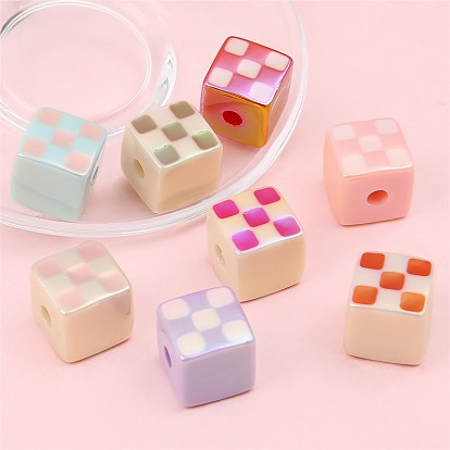 4Pcs UV Plating Acrylic Beads, Iridescent Tartan Cube