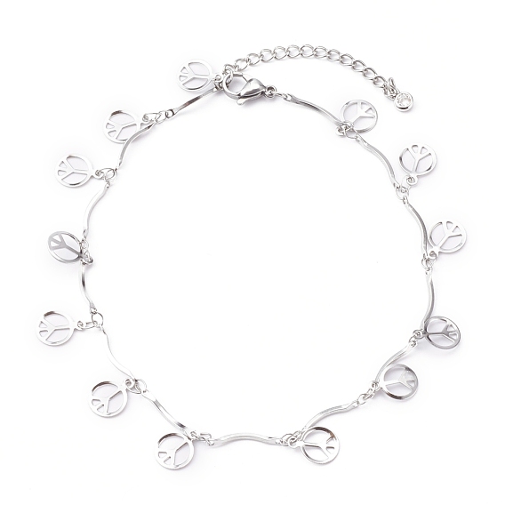 304 Stainless Steel Peace Sign Charm Anklets, with Bar Link Chains