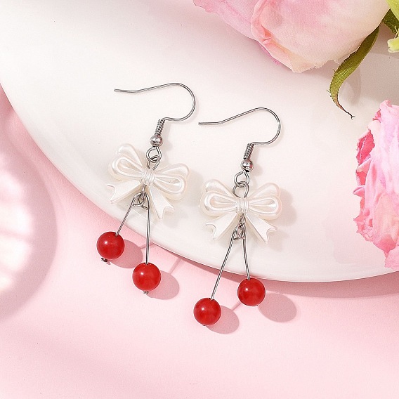 Серьги-подвески из искусственного жемчуга с бантом из АБС-пластика, с бусиной из натурального и окрашенного малайзийского нефрита и 304 фурнитурой из нержавеющей стали