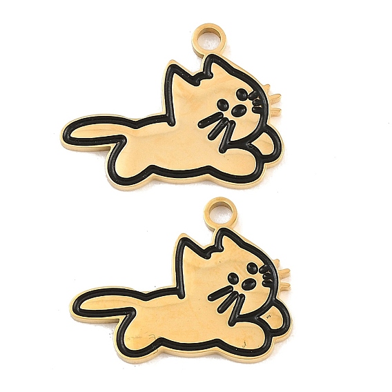 304 Stainless Steel Enamel Pendants, Cat Shape Charms, Ion Plating(IP)